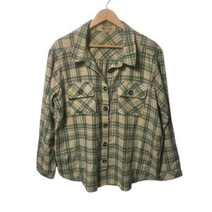 Democracy Long Sleeve Shirt Shacket Plaid Brown Beige Button Up Size L